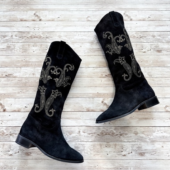 Sezane Shoes - Sezane Gabrielle Low Boots Black Suede Leather Embroidered Size 39 US 9